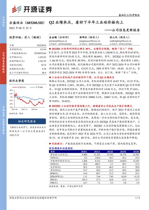 公司信息更新报告：q2业绩承压，看好下半年工业硅价格向上 洞见研报 行业报告