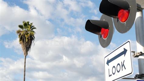 Level Crossing Warning Signal In Usa Crossbuck Notice And Red Traffic