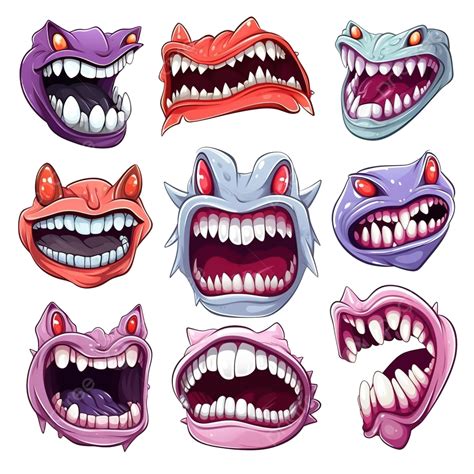 Cartoon Halloween Scary Monster Mouths With Teeth And Tongue Fangs