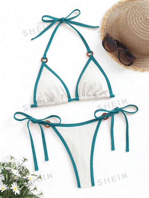 Shein Swim Conjunto De Bralette Triangular De Bloque De Color Para