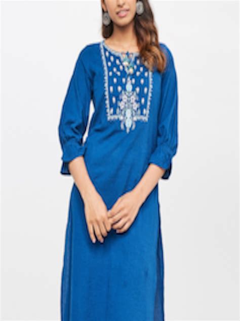 Buy Global Desi Women Blue Floral Embroidered Kurta Kurtas For Women