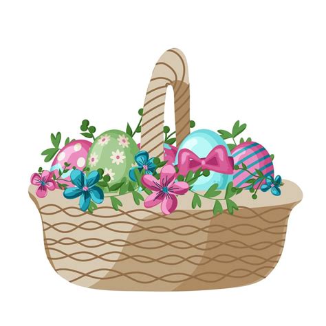 Cartoon Easter Baskets With Painted Eggs And Spring Flowers Wicker Basket Full Of Chocolate Egg