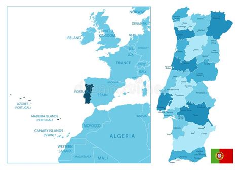 Portugal Highly Detailed Blue Map Stock Vector Illustration Of