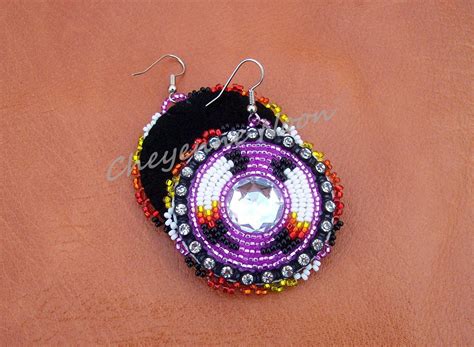 Native American Beaded Earrings Two Feathers Bling Purple Beaded