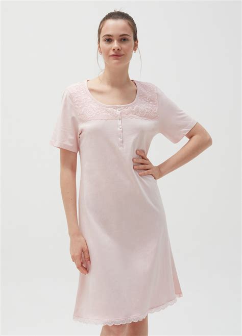 Camicia Da Notte In Cotone Con Inserto In Pizzo Rosa Chiaro Da Donna Ovs