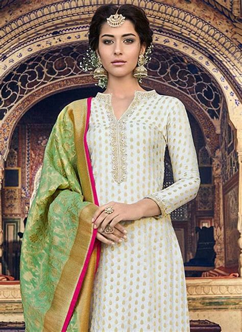 Shop Off White Embroidered Art Silk Palazzo Suit After Six Wear Online