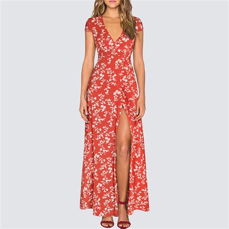 Sexy High Split Bohemian Long Maxi Summer Women Vintage Floral Print Beach Dress Ha098 Dresses