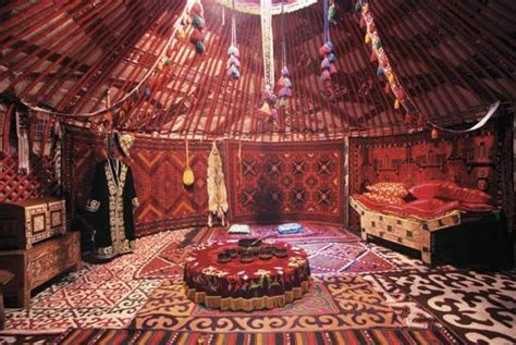 Colorful rugs line the walls and floor of a tent in Kazakhstan. | Yurt ...