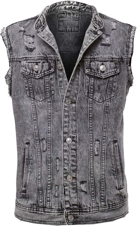 MForshop Gilet Jeans Smanicato Uomo Denim Grigio Strappi Strappato