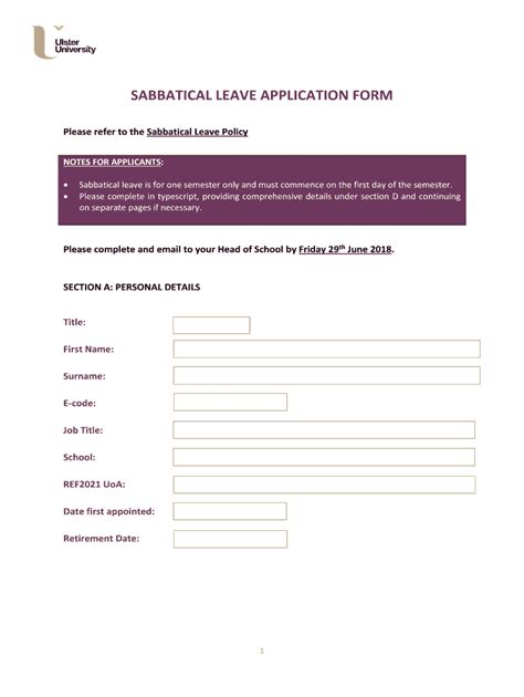 Fillable Online SABBATICAL LEAVE APPLICATION FORM Ulster Ac Uk Fax