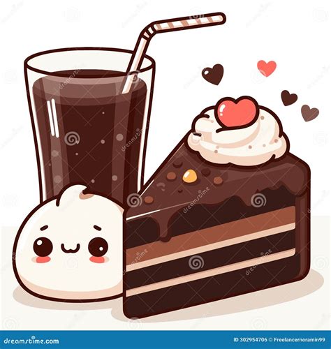 Cute Kawaii Chocolate Cake And A Glass Of Cola With Little Hearts