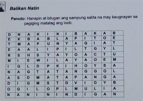 Balikan Natin Panuto Hanapin At Bilugan Ang Sampung Salita Na May