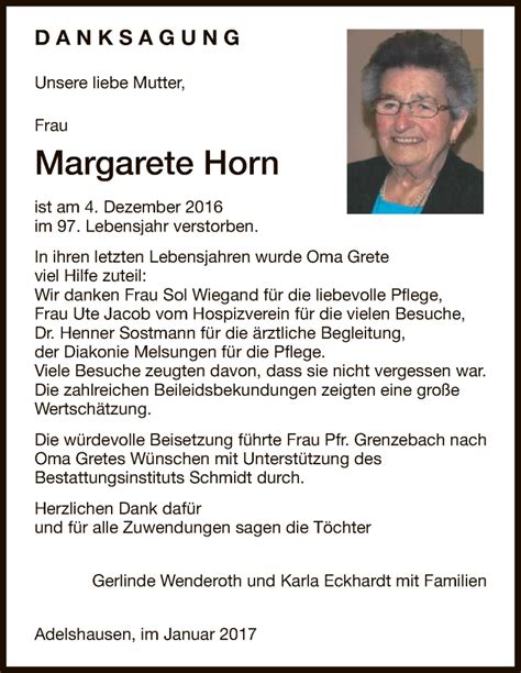 Traueranzeigen Von Margarete Horn Trauer HNA De