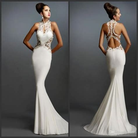 White Mermaid Prom Dresses Halter Sleeveless Applique Elegant Evening Gowns Hole Back Formal