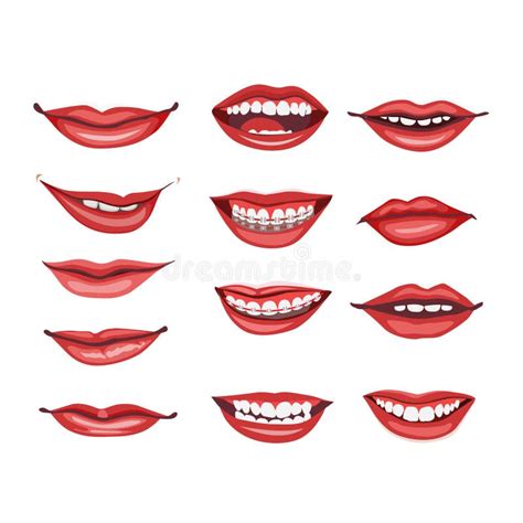 Red Lips Smiling Mouth Cartoon Mouth Vector Set Stock Vector