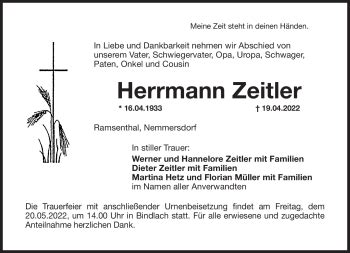 Traueranzeigen Von Hermann Zeitler Nordbayerischer Kurier