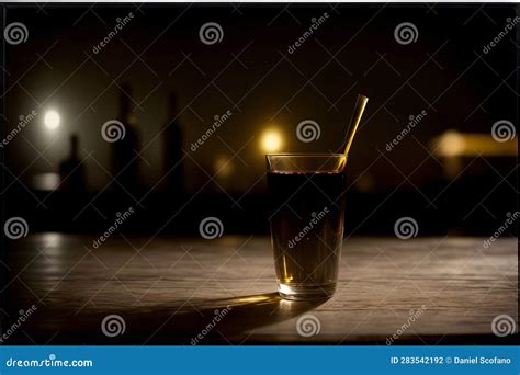 A Glass Filled With Liquid Sitting On Top Of A Wooden Table Generative