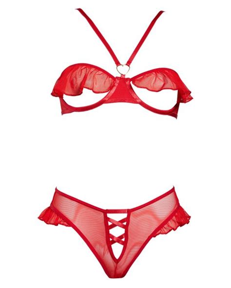 Mapale Ruffle Mesh Underwire Bra And Panties Set In Red Lyst