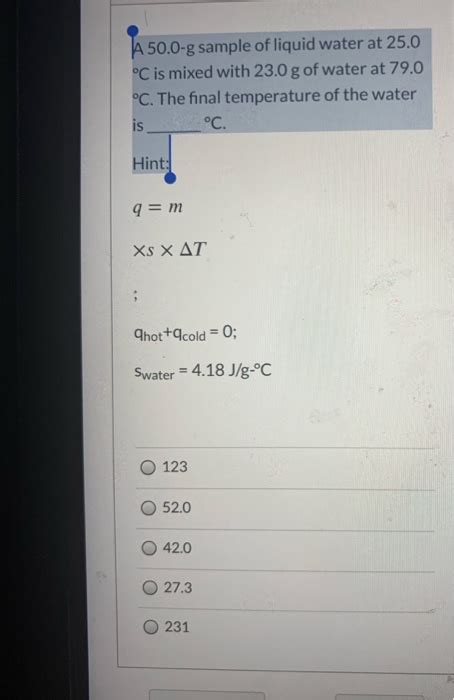 Solved A G Sample Of Liquid Water At C Is Mixed Chegg