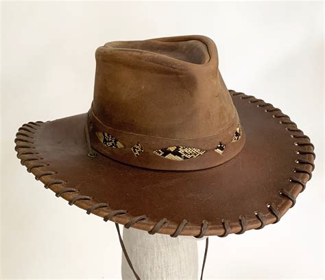 Brown Leather Cowboy Hat Vintage Western Snakeskin Details Stitched