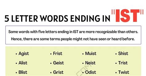 30 Examples Of 5 Letter Words Ending In Ist • 7esl