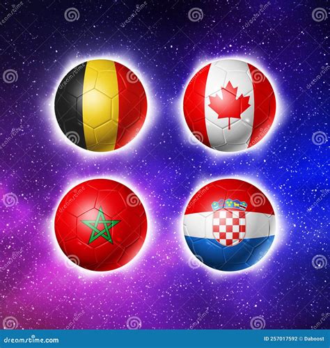 Qatar Football 2022 Group F Flags On Soccer Balls 3d Illustration