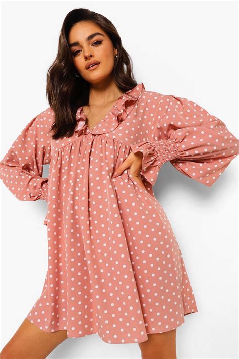 Polka Dot V Neck Ruffle Smock Dress Boohoo