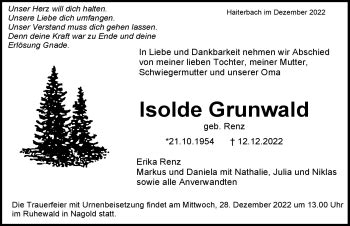 Traueranzeigen Von Isolde Grunwald Schwarzw Lder Bote Trauer