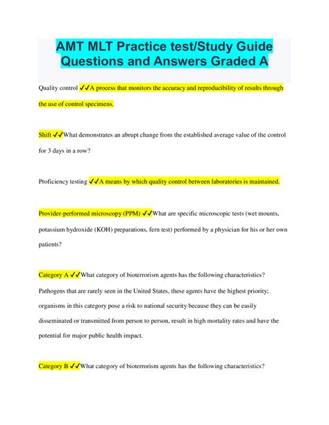 Amt Mlt Practice Test Study Guide Questions And Answers Graded A