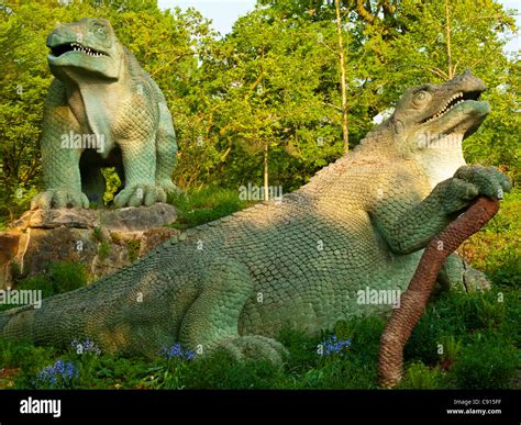 Sculpture of dinosaurs in Crystal Palace Park south London UK made by Benjamin Waterhouse ...