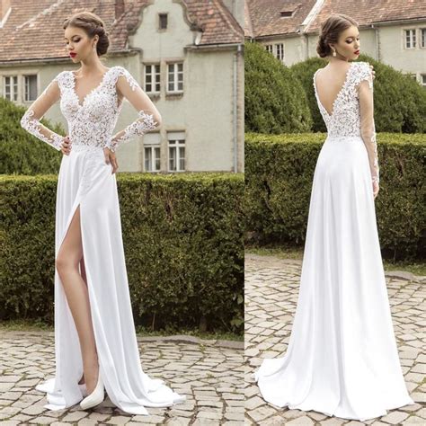 High Slit Beach Wedding Dresses 2015 V Neck Deep V Back Lace Chiffon Sheer Long Sleeve Bridal