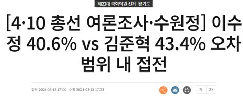 Ksoi 여론조사 경기 수원 정 이수정국 406 Vs 김준혁민 434 정치시사 에펨코리아