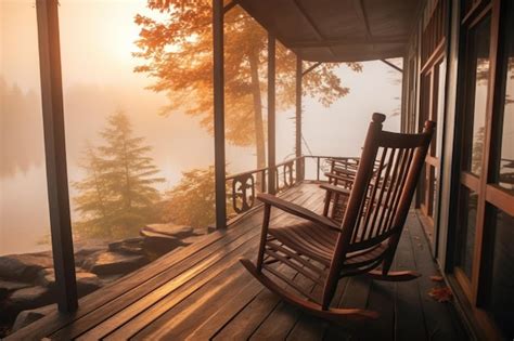 Premium Ai Image Cabin Porch With Rocking Chairs Overlooking A Misty