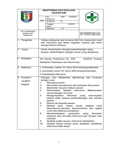 Sop Monitoring Dan Evaluasi Asuhan Gizi Pdf