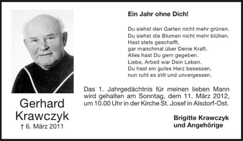 Traueranzeigen Von Gerhard Krawczyk Aachen Gedenkt