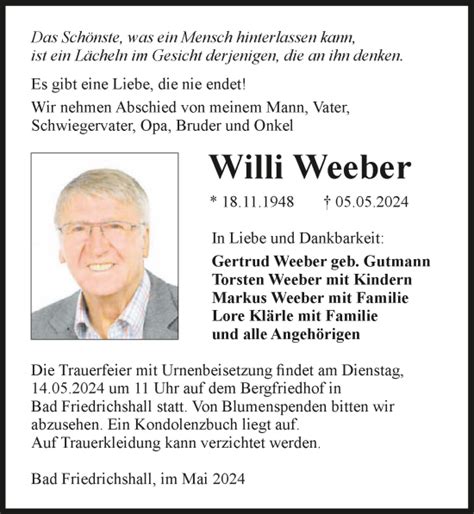 Traueranzeigen Von Willi Weeber Trauerundgedenken De