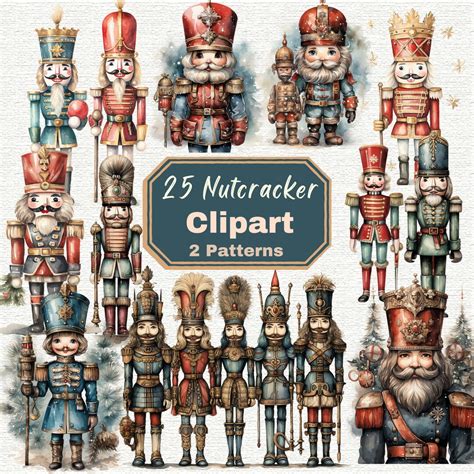 25 Nutcracker Watercolor Clipart 2 Seamless Patterns High Quality PNG