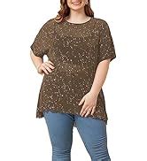 Wdirara Women S Plus Size Star Print Mesh Glitter Round Neck Short