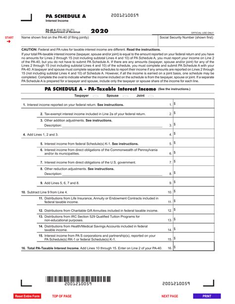 Form Pa 40 Schedule A Download Fillable Pdf Or Fill Online Interest Income 2020 Pennsylvania