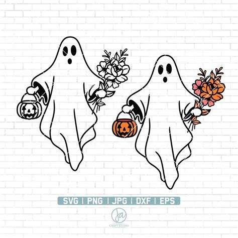 Two Ghost With Pumpkins And Flowers In Their Hands