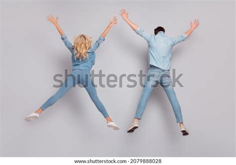 Rear Back View Photo Couple Jump Stock Photo 2079888028 Shutterstock