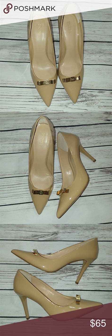 Michael Kors Tan Nude Patent Pumps Heels Gold Bows