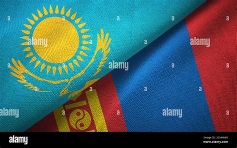 Kazakhstan And Mongolia Two Flags Textile Cloth Fabric Texture Stock