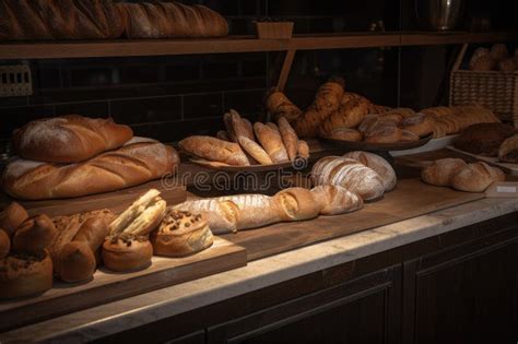 Bakery Countertop Filled With Variety Of Freshly Baked Bread Including