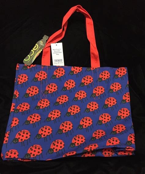 Tesco Lady Bug Geco Tote Bag Red Blue Eco Fabric Art Deco Reuse Bird