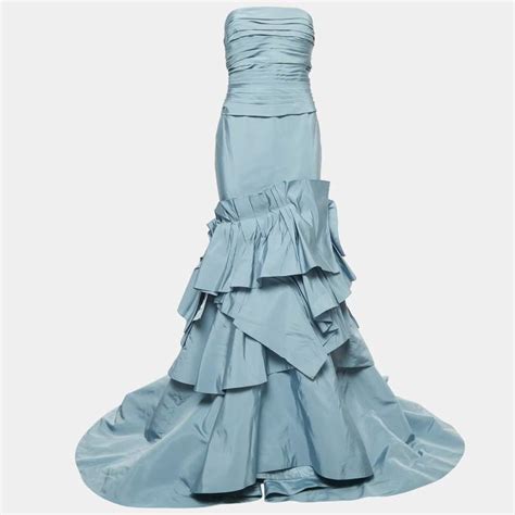 Oscar De La Renta Light Blue Silk Pleated Ruffle Strapless Gown M Oscar