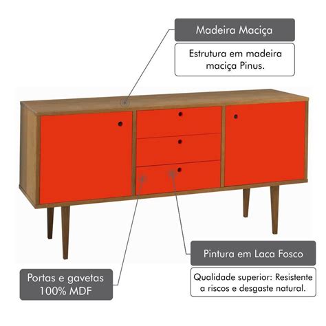 Buffet 2 Portas 3 Gavetas Vintage Vermelho Laqueado Fosco E Estrutura