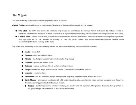 Cula 111 Chapter 1 Part 2 The Brigade The Basic Hierarchy Of The Classical Kitchen Brigade