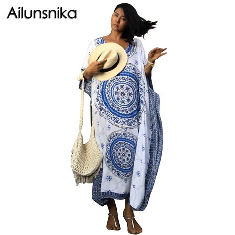 Ailunsnika New Arrival Women Summer African Ethnic Print Kaftan Maxi