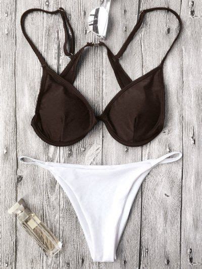 Push Up Plunge String Bikini Set In White And Coffee S Zaful